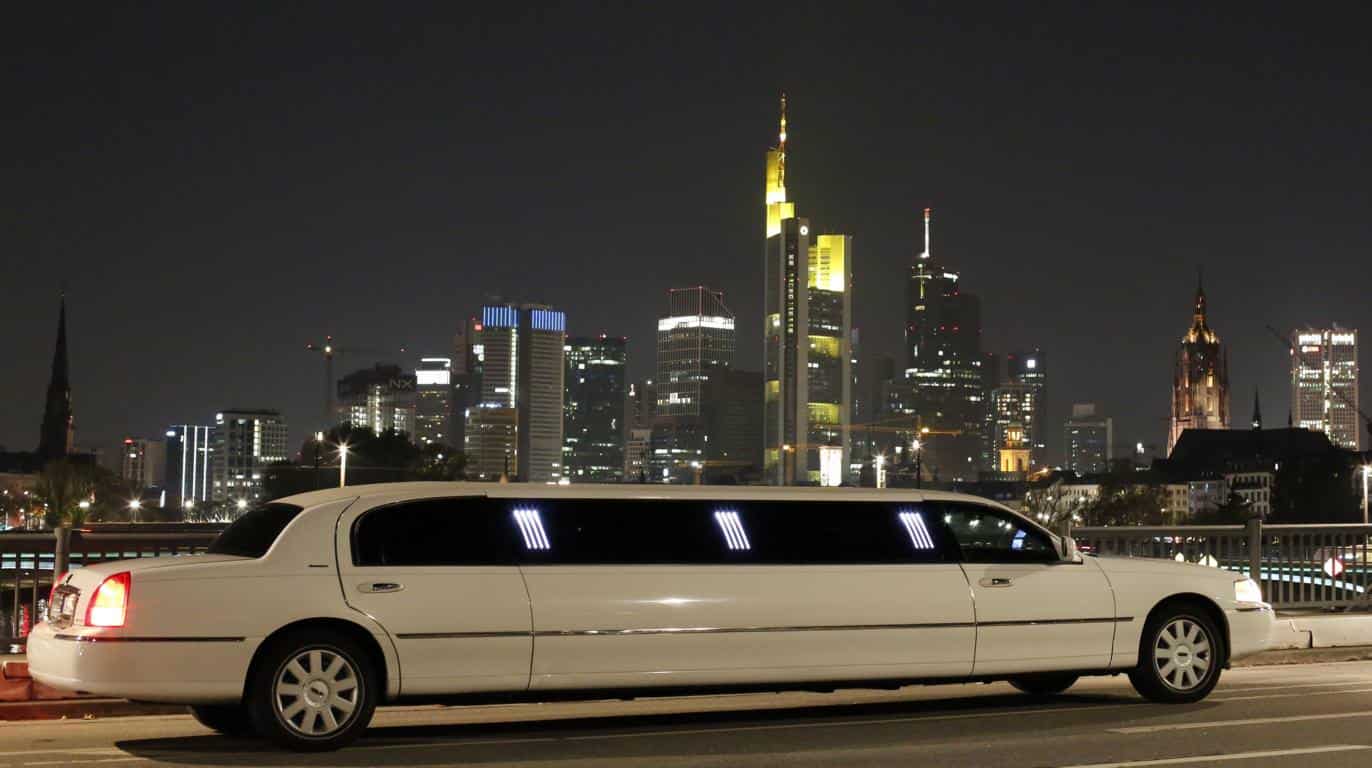 Weiße Lincoln Town Car Stretchlimousine vor der beleuchteten Skyline von Frankfurt am Main