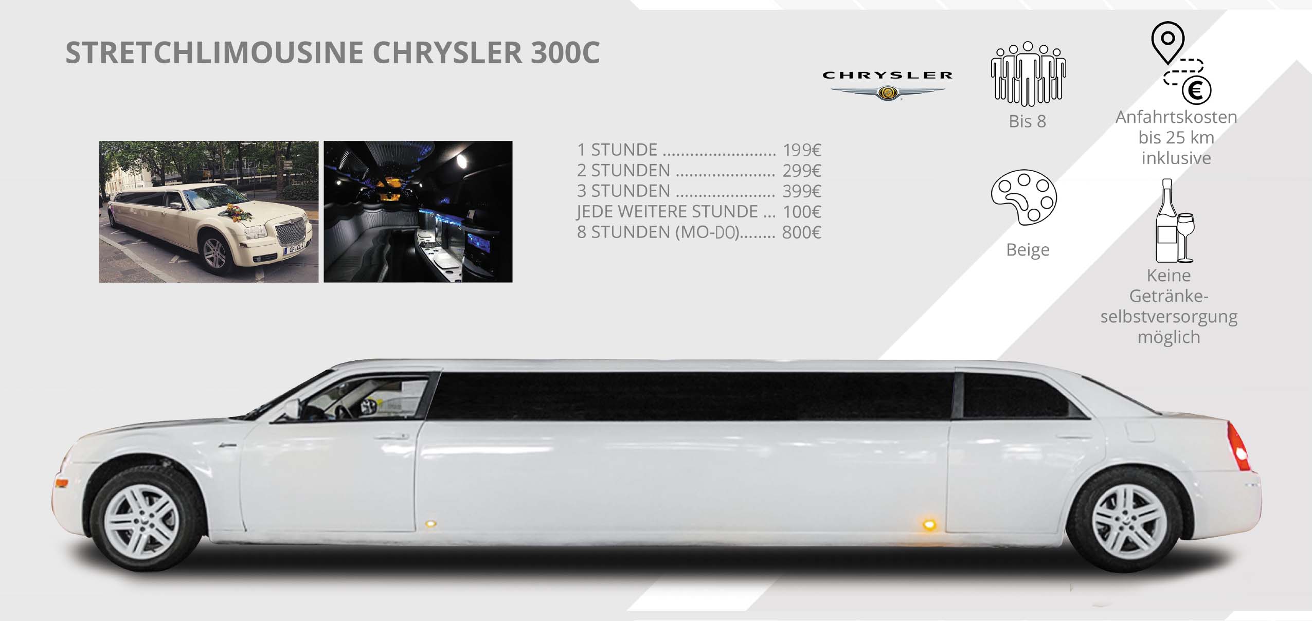 Weiße Chrysler 300C Stretchlimousine für bis zu 8 Personen, keine eigenen Getränke erlaubt, Preise ab 199€