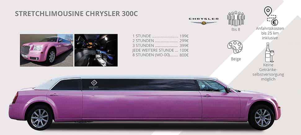 Pinke Chrysler 300C Stretchlimousine für bis zu 8 Personen, keine eigenen Getränke erlaubt, Preise ab 199€