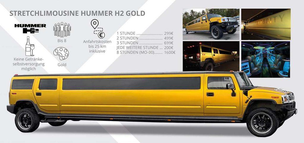 Goldene Hummer H2 Stretchlimousine für bis zu 8 Personen, keine eigenen Getränke erlaubt, Preise ab