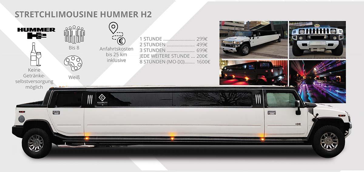 Eine weiße Hummer H2 SUT Stretchlimousine mit angezeigten Informationen und Preisen