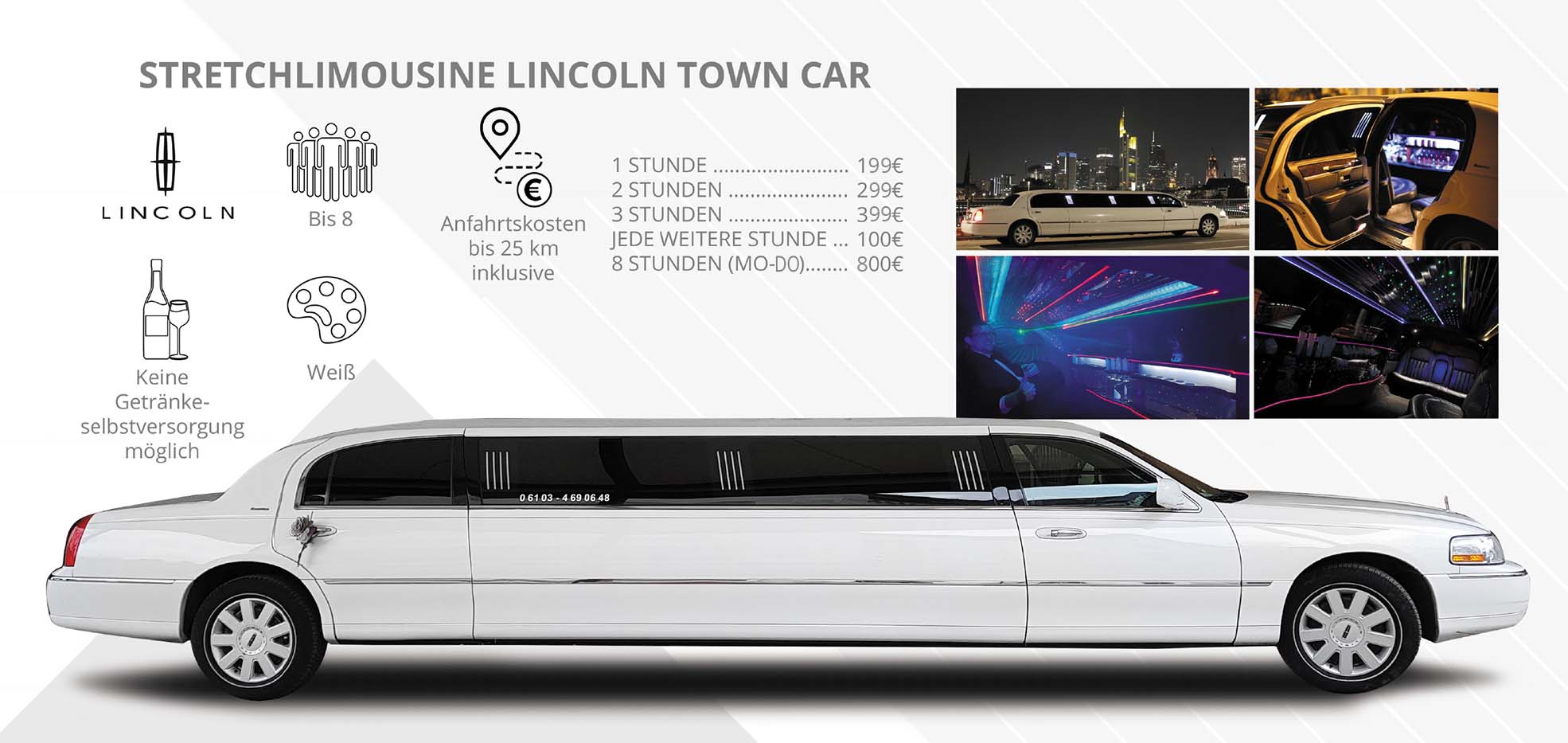 Eine weiße Lincoln Town Car Stretchlimousine mit angezeigten Informationen und Preisen