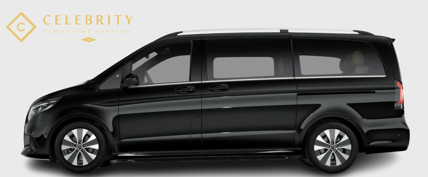 Seitenprofil der schwarzen Mercedes V-Klasse für den diskreten Chauffeurdienst bei Messen und Events in Frankfurt.