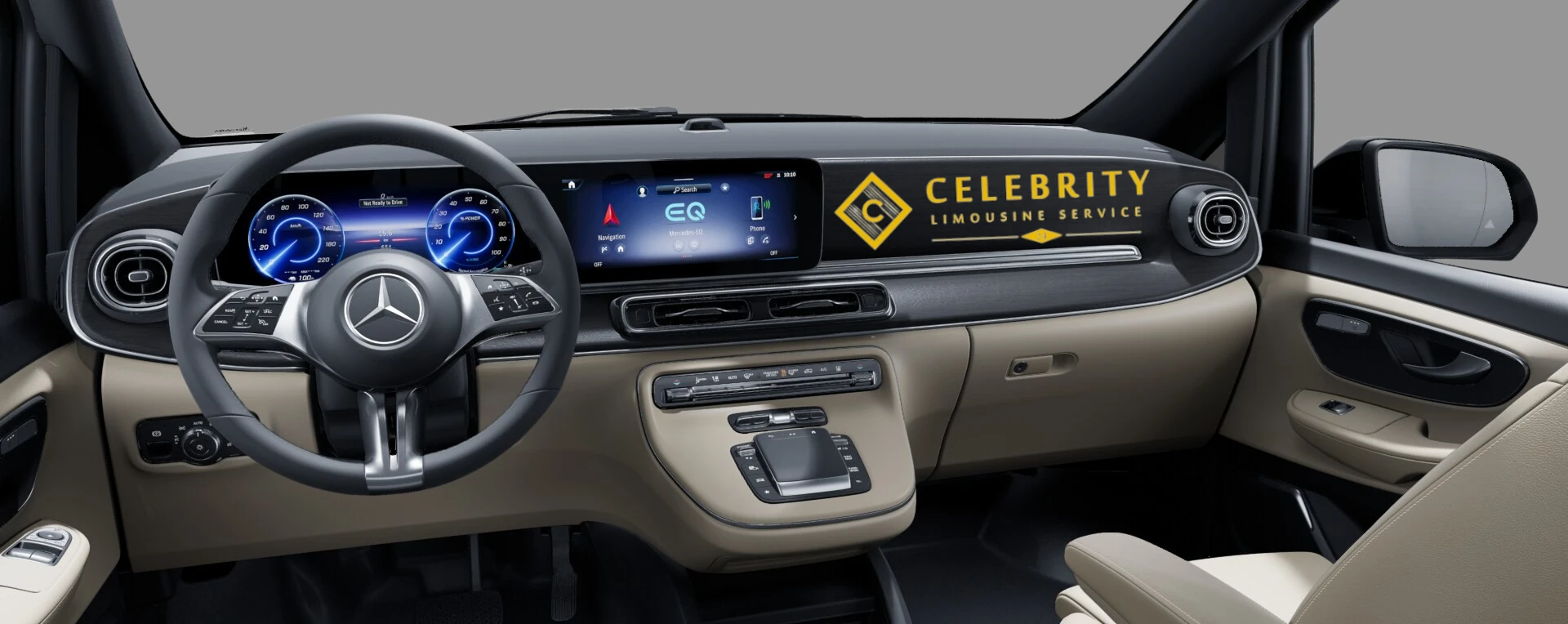 Modernes Cockpit des Mercedes EQV 2025 mit MBUX-System für den Chauffeurservice Frankfurt.